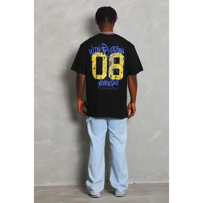 Erkek Baskılı Tişört Kısa Kol Bisiklet Yaka Oversize T-Shirt - Siyah