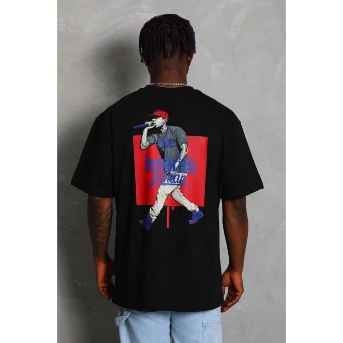 Erkek Baskılı Tişört Kısa Kol Bisiklet Yaka Oversize T-Shirt - - Siyah
