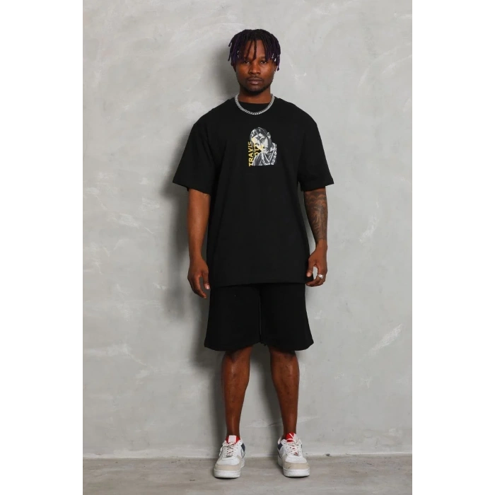 Erkek Baskılı Tişört Kısa Kol Bisiklet Yaka Oversize T-Shirt - Siyah