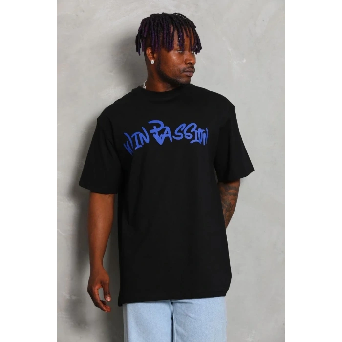 Erkek Baskılı Tişört Kısa Kol Bisiklet Yaka Oversize T-Shirt - Siyah