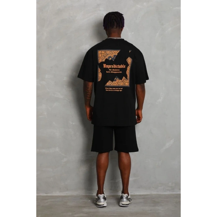 Erkek Baskılı Tişört Kısa Kol Bisiklet Yaka Oversize T-Shirt - Siyah