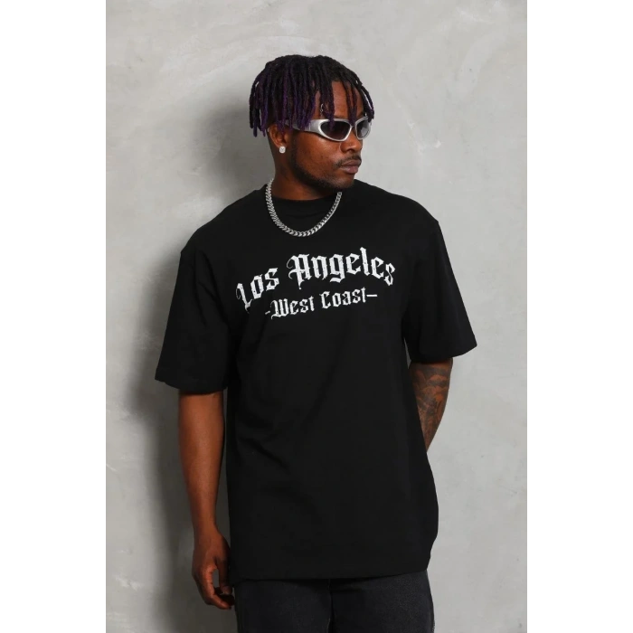 Erkek Baskılı Tişört Kısa Kol Bisiklet Yaka Oversize T-Shirt - Siyah