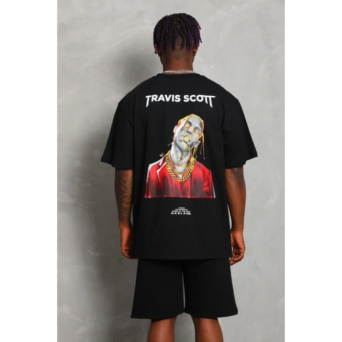 Erkek Baskılı Tişört Kısa Kol Bisiklet Yaka Oversize T-Shirt - Siyah