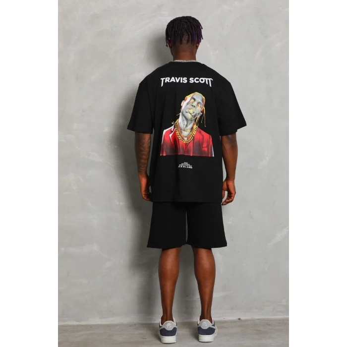 Erkek Baskılı Tişört Kısa Kol Bisiklet Yaka Oversize T-Shirt - Siyah