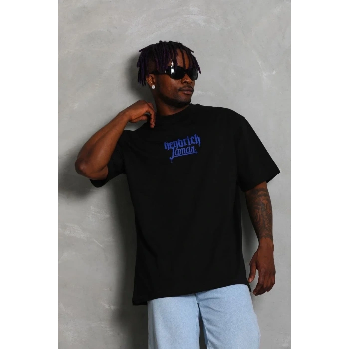 Erkek Baskılı Tişört Kısa Kol Bisiklet Yaka Oversize T-Shirt - - Siyah