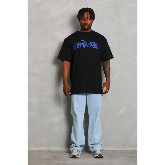Erkek Baskılı Tişört Kısa Kol Bisiklet Yaka Oversize T-Shirt - Siyah