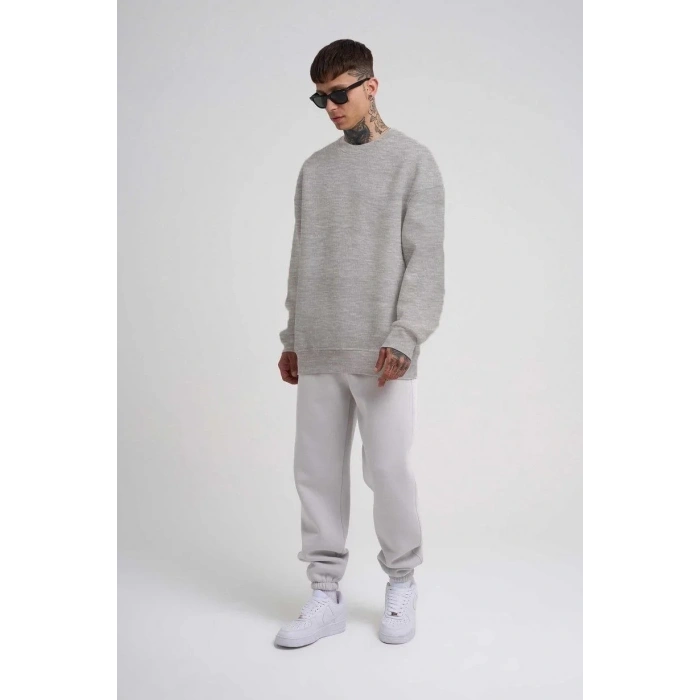 ERKEK Bisikilet Yaka 3 İplik Pamuklu SweatShirt - Gri