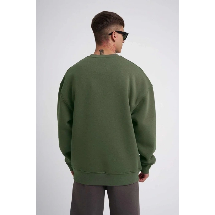 ERKEK Bisikilet Yaka 3 İplik Pamuklu SweatShirt - Haki