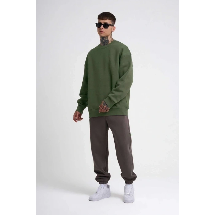 ERKEK Bisikilet Yaka 3 İplik Pamuklu SweatShirt - Haki