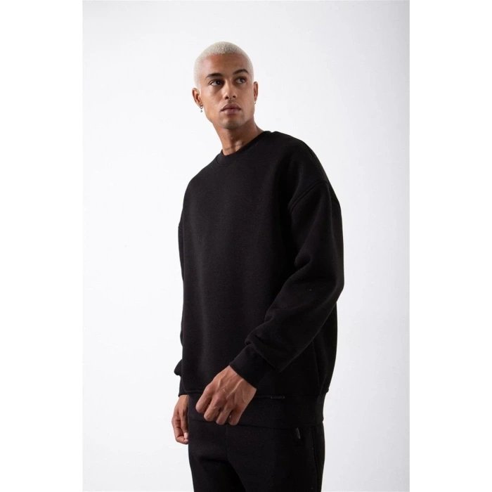 ERKEK Bisikilet Yaka 3 İplik Pamuklu SweatShirt - Siyah