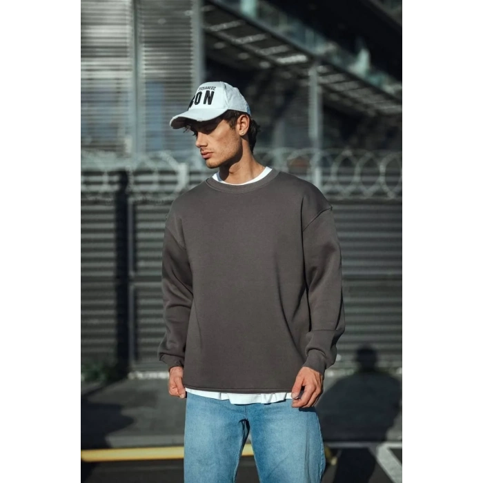 Erkek Bisiklet Yaka 3 iplik Pamuklu Basic SweatShirt  - Antrasit