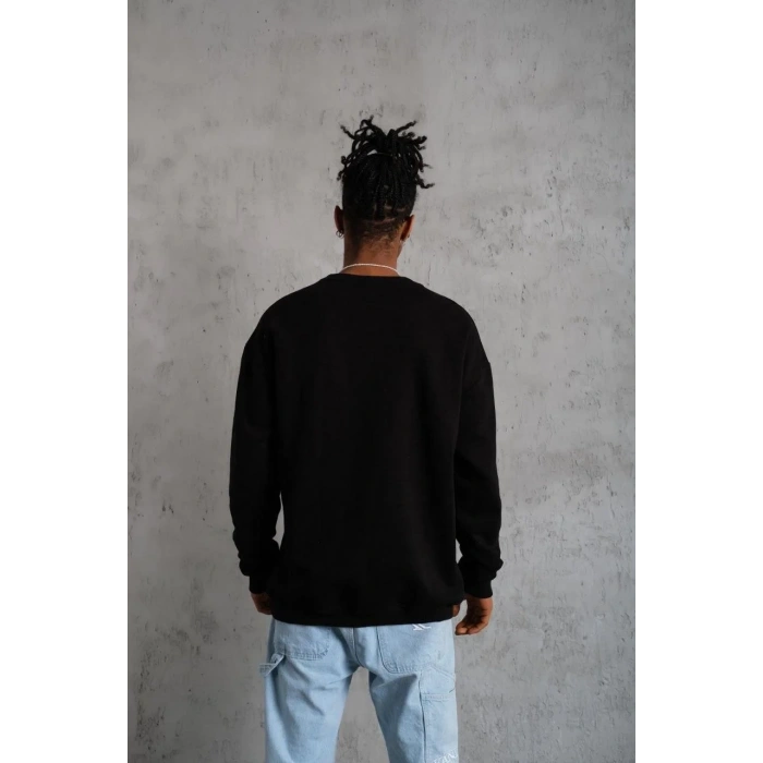 Erkek Bisiklet Yaka Baskılı 3 İplik Pamuklu Sweatshirt -  Siyah