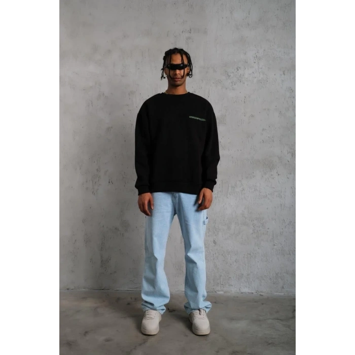 Erkek Bisiklet Yaka Baskılı 3 iplik pamuklu Sweatshirt - Siyah
