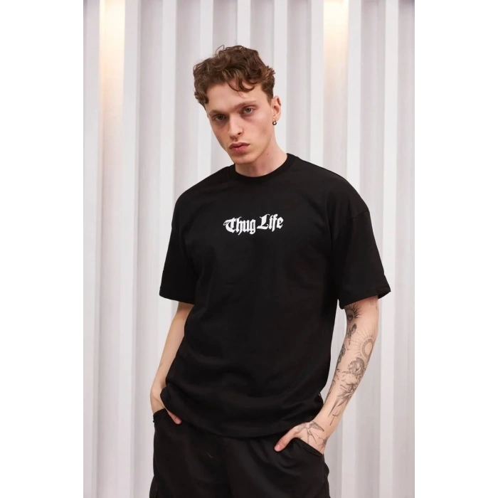 Erkek Bisiklet Yaka Baskılı  Kısa kol Oversize T-Shirt - Siyah
