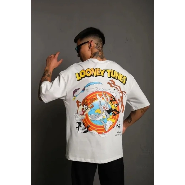 Erkek Bisiklet Yaka Baskılı Oversize Kısa kol T-Shirt - Beyaz