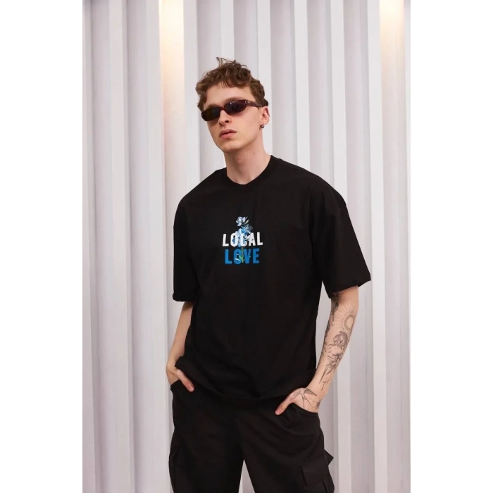 ERKEK Bisiklet Yaka Baskılı Oversize Kısa kol T-Shirt - Siyah