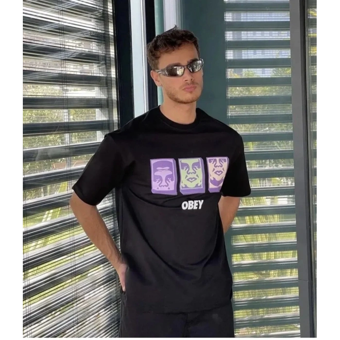 ERKEK Bisiklet Yaka Baskılı Oversize Kısa kol T-Shirt - Siyah