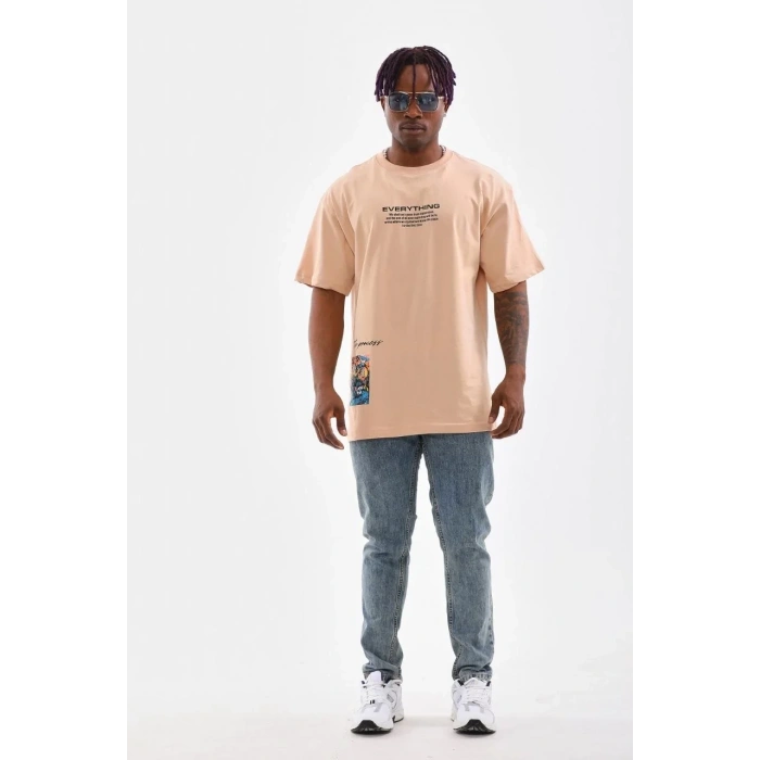 Erkek  Bisiklet Yaka Baskılı Oversize T-Shirt - Bej