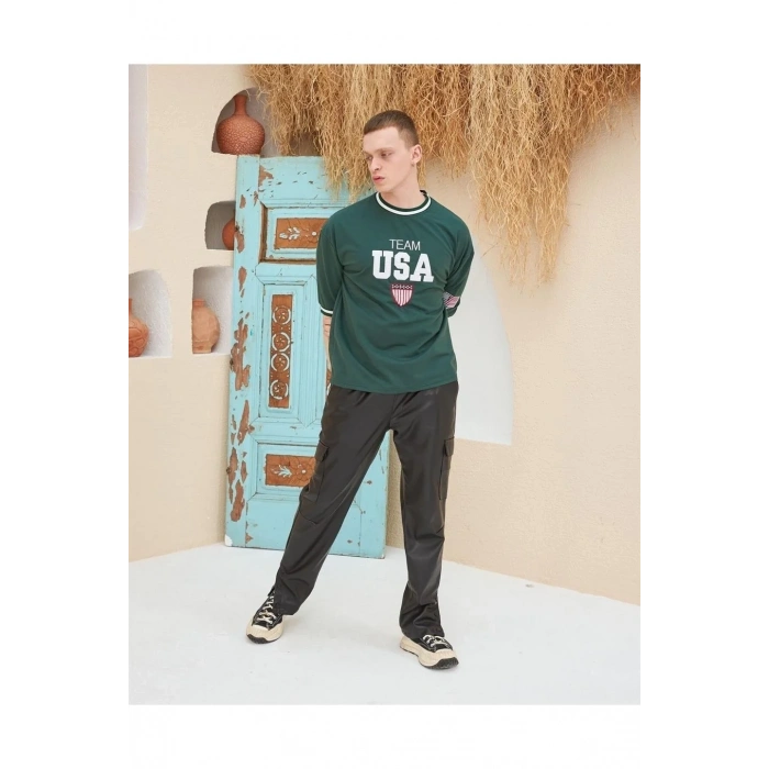 Erkek Bisiklet Yaka Tişört Nakış İşlemeli Kısa Kol Oversize T-Shirt - Yeşil