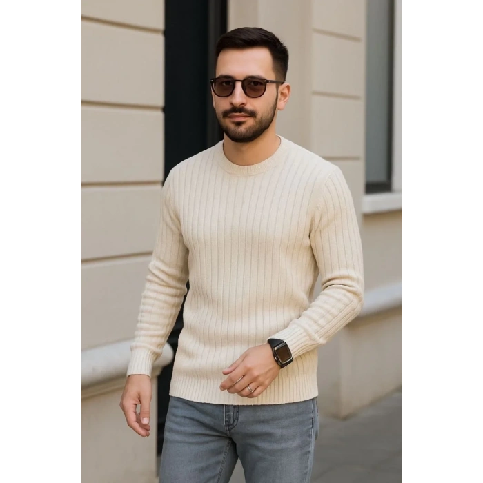 Erkek Bisiklet Yaka Triko Kazak Pamuklu Kalın Fitilli Dokuma Regular Fit - Bej