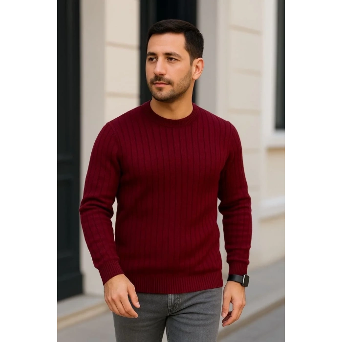 Erkek Bisiklet Yaka Triko Kazak Pamuklu Kalın Fitilli Dokuma Regular Fit - Bordo
