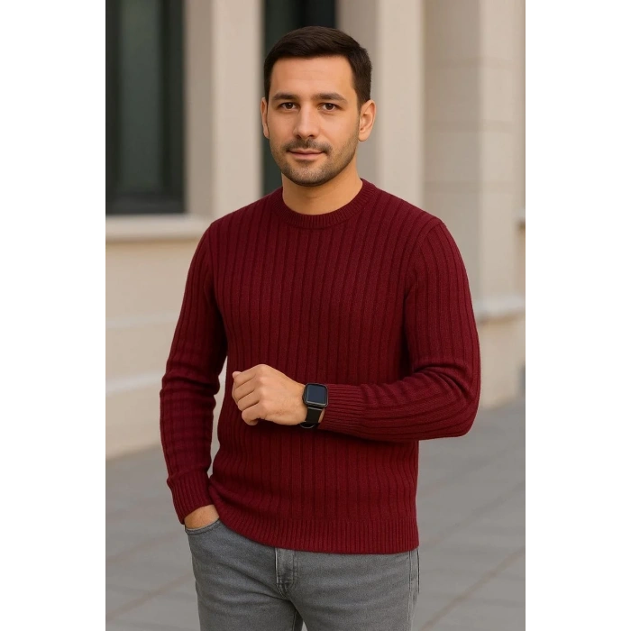 Erkek Bisiklet Yaka Triko Kazak Pamuklu Kalın Fitilli Dokuma Regular Fit - Bordo