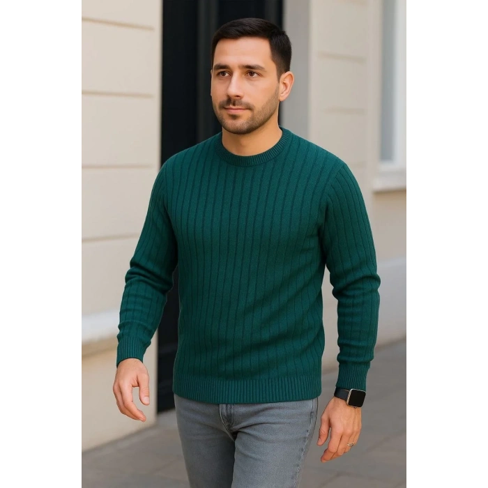 Erkek Bisiklet Yaka Triko Kazak Pamuklu Kalın Fitilli Dokuma Regular Fit - Haki