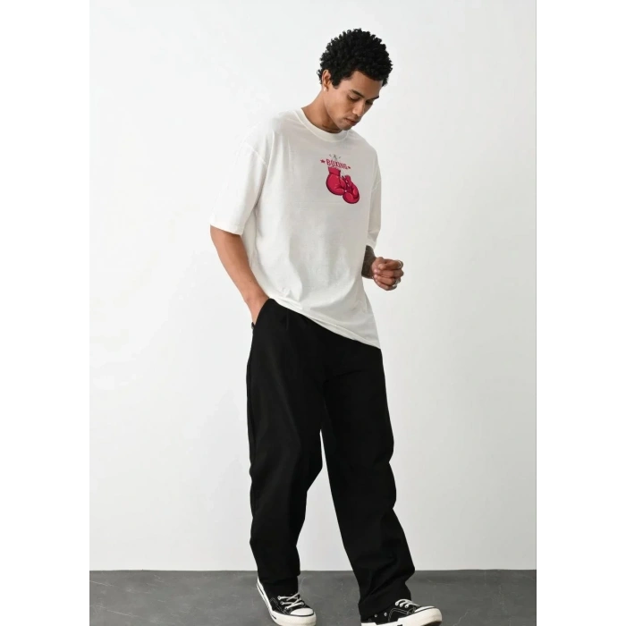 Erkek Boks eldiven Baskılı T-Shirt Kısa Kol Bisiklet Yaka Regular Tişört - Beyaz