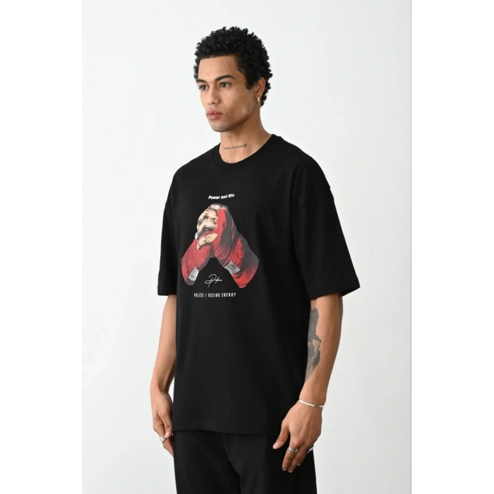 Erkek Boxy Eldiven Baskılı T-Shirt Kısa Kol Bisiklet Yaka Tişört - Siyah