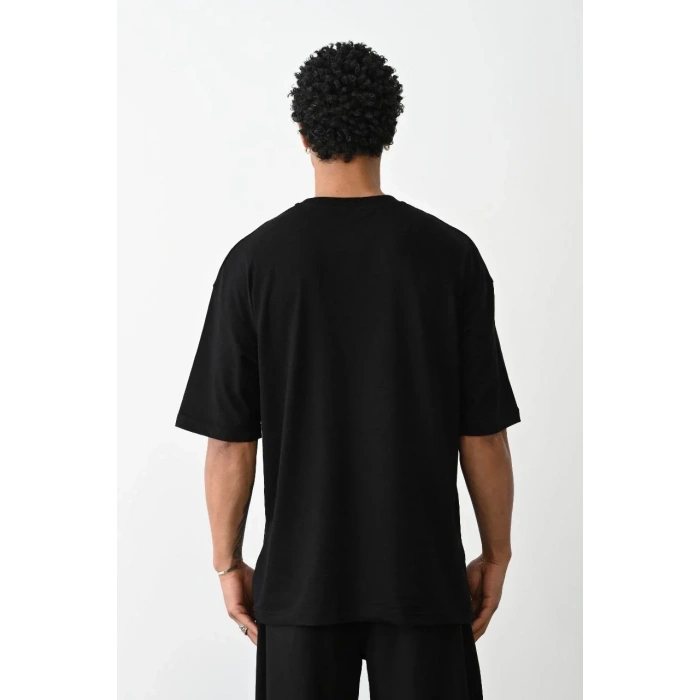 Erkek Boxy Eldiven Baskılı T-Shirt Kısa Kol Bisiklet Yaka Tişört - Siyah