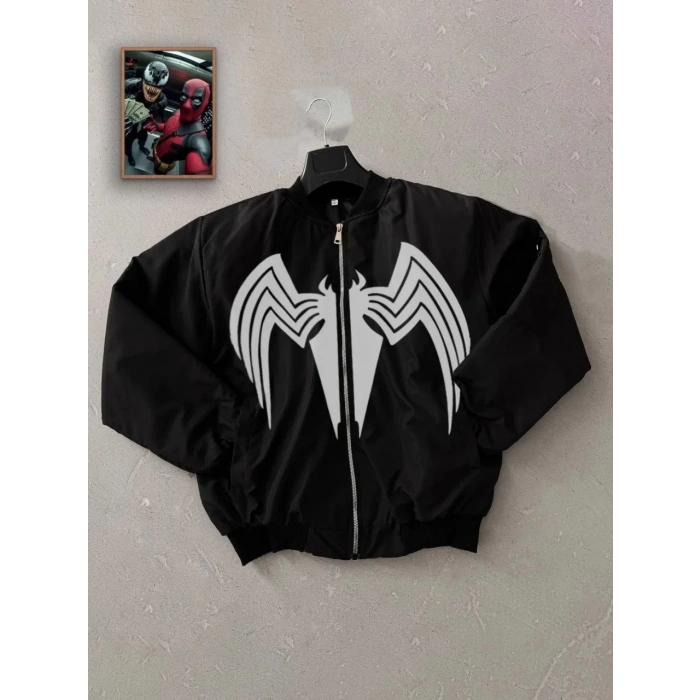 Erkek Cepli Mont Venom Örümcek Desenli Bomber Kol Fermuarlı Ceket - Siyah