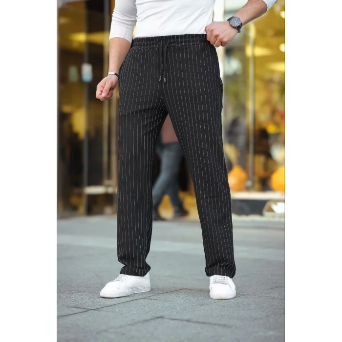 Erkek Cizgili Dokuma Krep Jogger Buggy Pantalon Rahat kalıp - Siyah