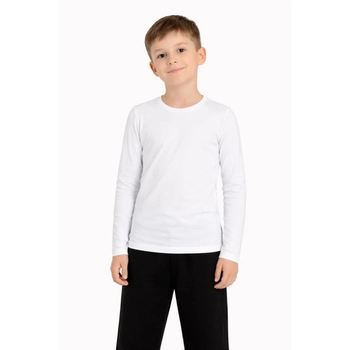Erkek Çocuk Basic Uzun Kollu Tişört Okul Günlük Rahat T-Shirt - Beyaz