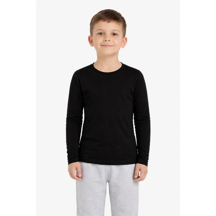 Erkek Çocuk Basic Uzun Kollu Tişört Okul Günlük Rahat T-Shirt - Siyah