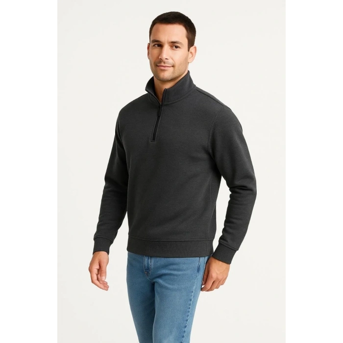 Erkek Dik Yaka Yarım Fermuarlı 3 İplik Pamuklu Sweatshirt -  Antrasit