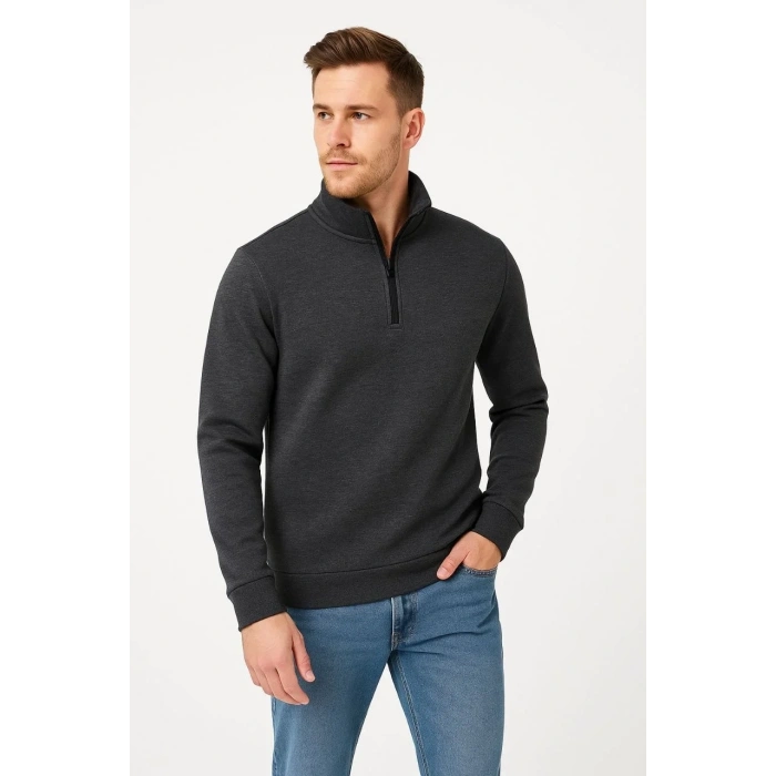Erkek Dik Yaka Yarım Fermuarlı 3 İplik Pamuklu Sweatshirt -  Antrasit