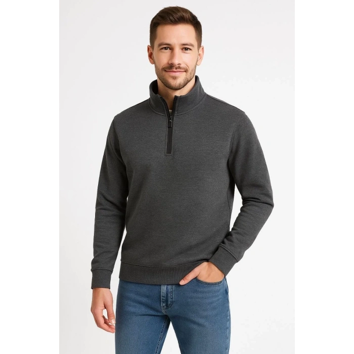 Erkek Dik Yaka Yarım Fermuarlı 3 İplik Pamuklu Sweatshirt -  Antrasit