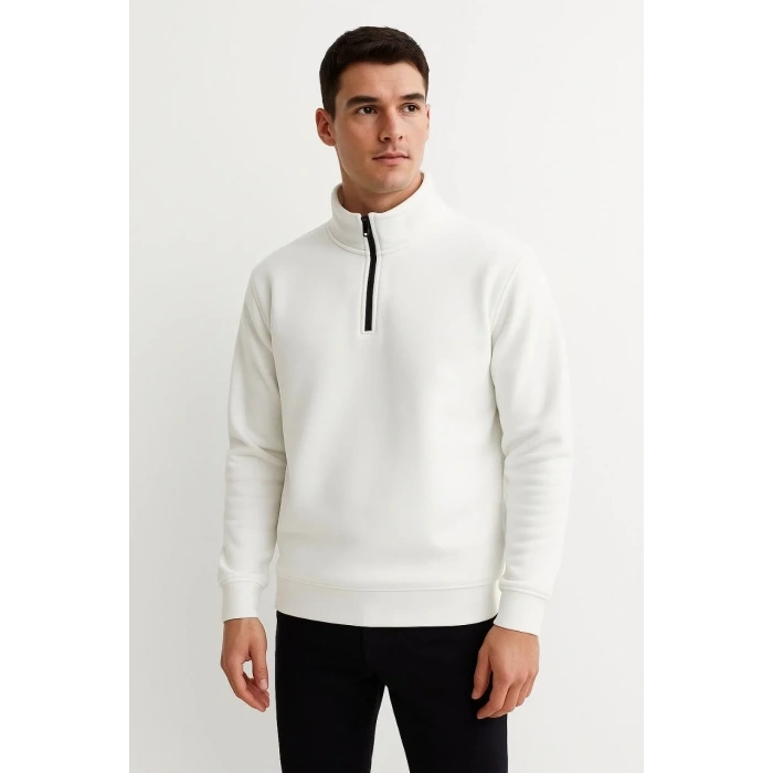 Erkek Dik Yaka Yarım Fermuarlı 3 İplik Pamuklu Sweatshirt - Beyaz