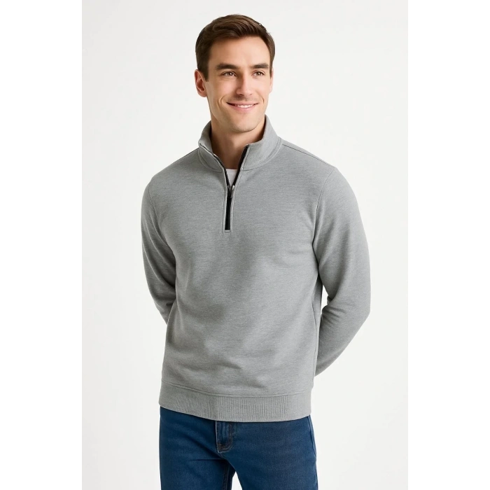Erkek Dik Yaka Yarım Fermuarlı 3 İplik Pamuklu Sweatshirt - Gri