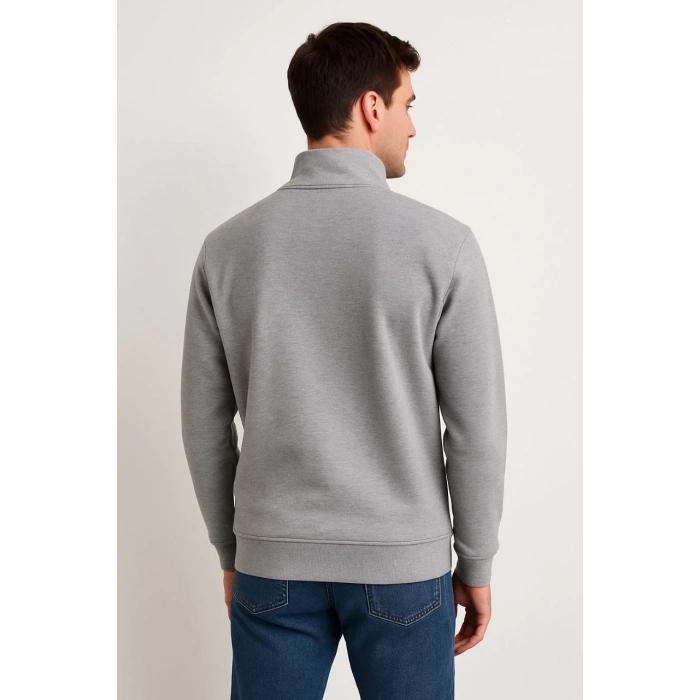 Erkek Dik Yaka Yarım Fermuarlı 3 İplik Pamuklu Sweatshirt - Gri
