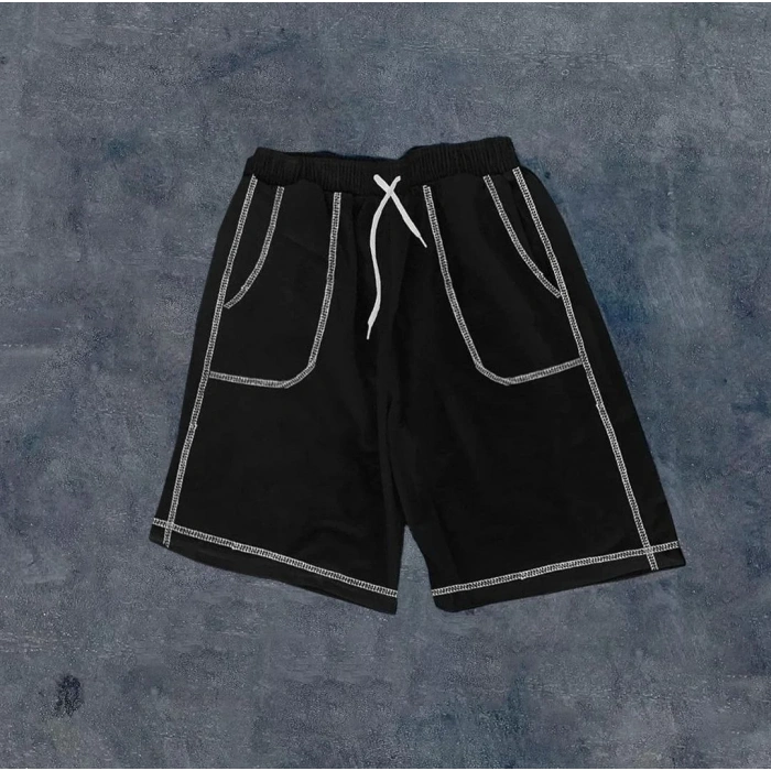 Erkek  Dikişli Cepli Oversize Şort - Siyah
