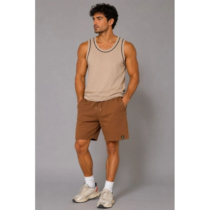 Erkek Dokuma Kumaş Cepli Bağcıklı Regular Fit Yazlık Şort - Kahverengi