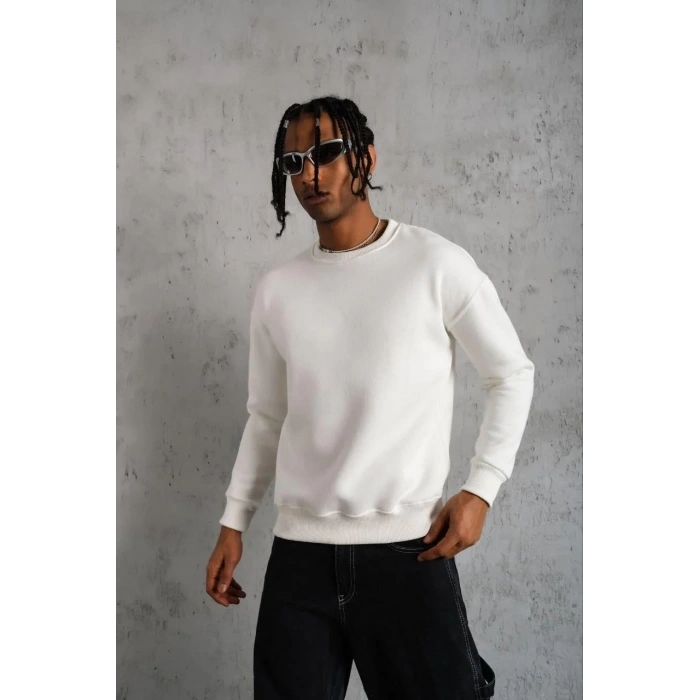 Erkek Düz Bisiklet Yaka 3 iplik pamuklu Sweatshirt - Beyaz