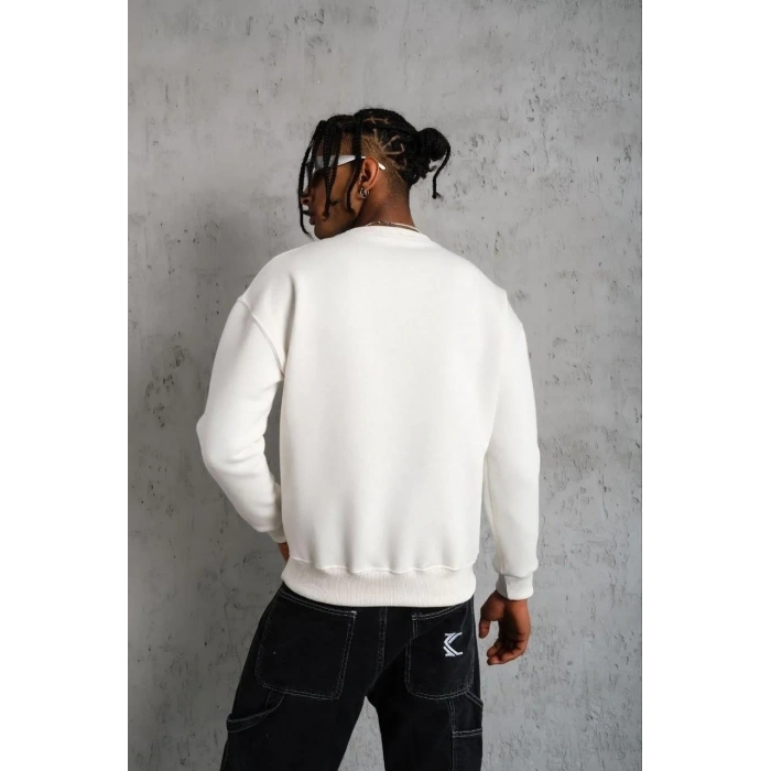 Erkek Düz Bisiklet Yaka 3 iplik pamuklu Sweatshirt - Beyaz