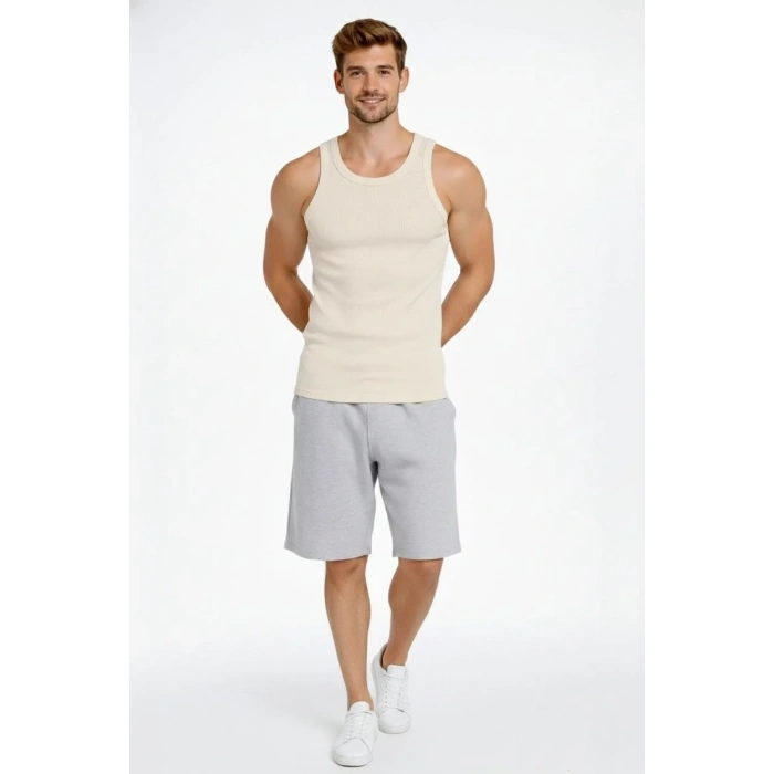 Erkek Fitilli Atlet Sıfır Yaka Slim Fit Arka Baskılı Spor Atlet - Krem