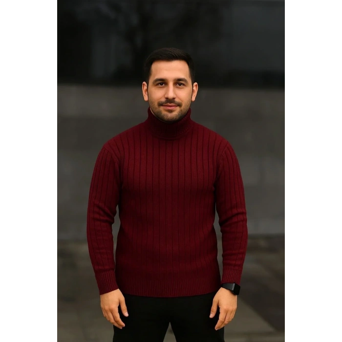 Erkek Fitilli Kazak Tam Boğazlı Balıkçı Yaka Triko 2li Set Bordo-Siyah