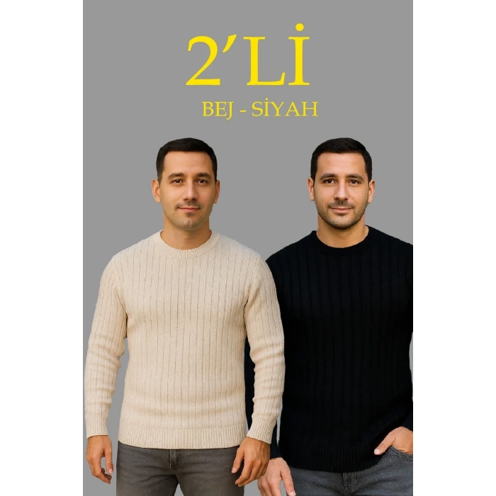 Erkek Fitilli Triko Kazak 2’li Set Bej Beyaz Kalın Dokuma Pamuklu Regular Fit Bisiklet