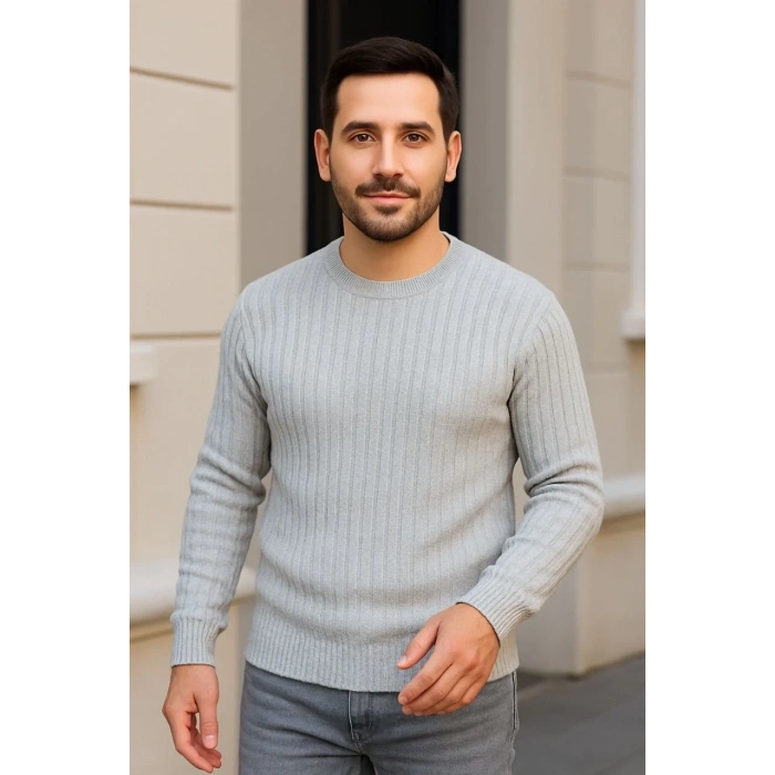 Erkek Fitilli Triko Kazak 2’li Set Siyah Gri Kalın Dokuma Pamuklu Regular Fit Bisiklet