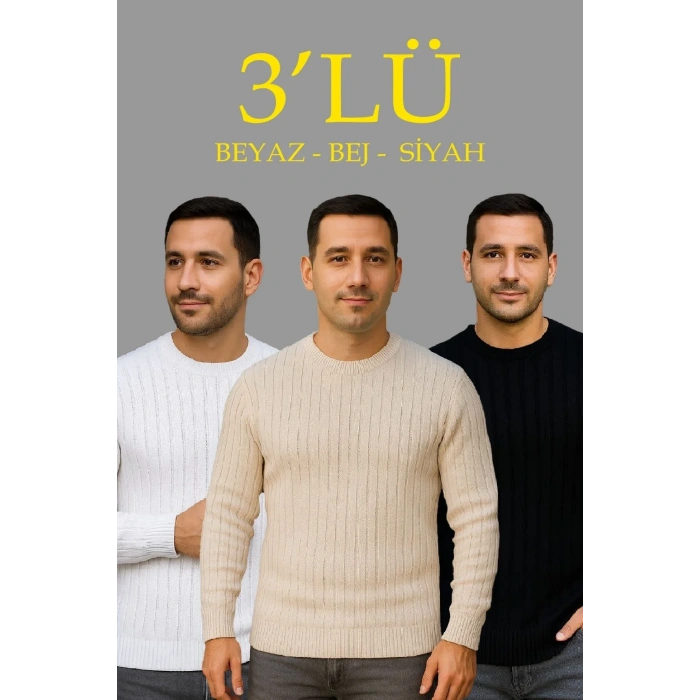 Erkek Fitilli Triko Kazak 3’lü Set Bej Beyaz Siyah | Kalın Dokuma Pamuklu Regular Fit