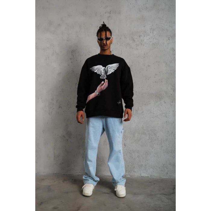 Erkek Güvercin Baskılı 3 iplik Bisiklet Yaka ipamuklu Sweatshirt - Siyah